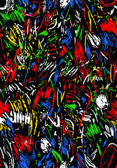 Vector colorful illustration of abstract pattern of scribbles and paint splashes on dark background.