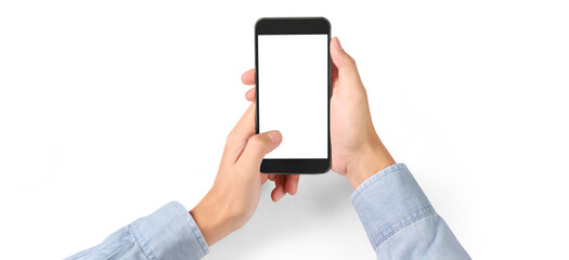 Hand holding smartphone device  touching screen