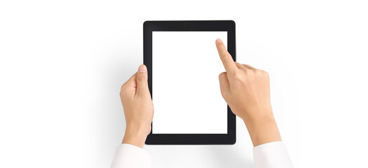 Hands holding tablet touch screen