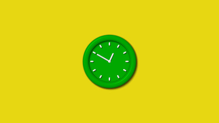 Green color 3d wall clock isolated on yellow background,3d clock