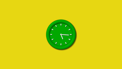 Green color 3d wall clock isolated on yellow background,3d wall clock