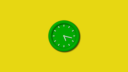 Green color 3d wall clock isolated on yellow background,3d wall clock