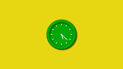 Green color 3d wall clock isolated on yellow background,3d wall clock