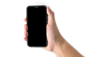 Hand to hold mobile phone isolated on white background