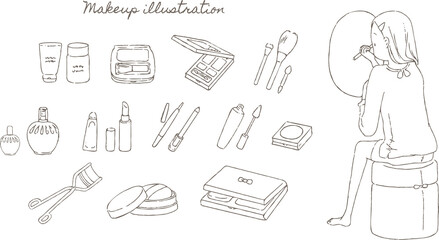 化粧する女性とメイク道具の線画イラストセット