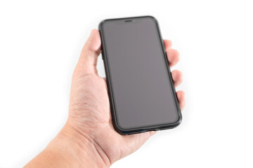 Hand to hold mobile phone isolated