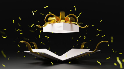 3d rendering white gift box bomb with gold ribbon, black Friday, Christmas, happy new year. Happy birthday, boxing day..