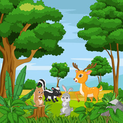 Cartoon happy animals in the jungle background