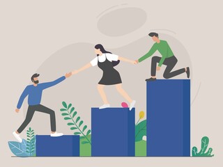 Employees giving hands and helping colleagues to walk upstairs. Team giving support, growing together. Vector illustration for teamwork, mentorship, cooperation concept