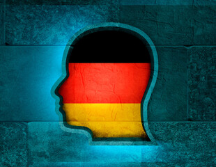 Abstract illustration of head silhouette with flag of Germany inside. 3D rendering.