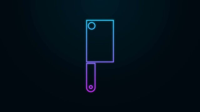 Glowing neon line Meat chopper icon isolated on black background. Kitchen knife for meat. Butcher knife. 4K Video motion graphic animation