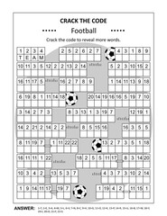 Crack the code word game, or codebreaker word puzzle, with various football related words and phrases. Answer included.

