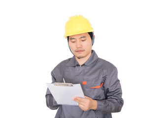 Worker wearing yellow hard hat in front of white background holds folder