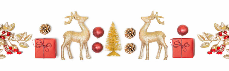 Christmas banner - gift box, mistletoe, fircones,reindeer and christmas balls in golden and red colors over white background.