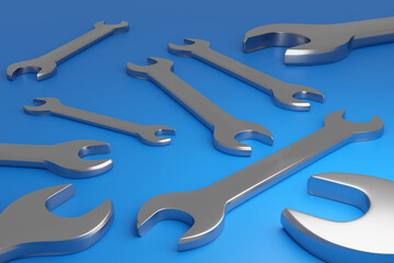 3d illustration of metal keys wrenches of different sizes lie on a blue isolated background, top view. Carpenter tools set close up...