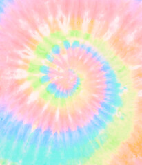 Spiral tie dye background. Swirl tie-dye pattern. Hippie boho circular tiedye wallpaper in pastel pink neon green and blue. - 381540371