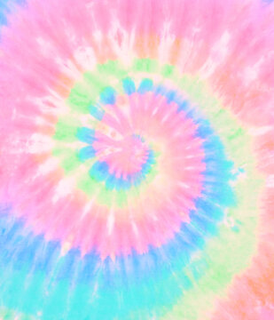 Spiral tie dye pattern. Swirl rainbow tie-dye wallpaper. Hippie boho tiedye texture backdrop. Pink blue green.