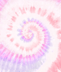Pastel spiral tie dye wallpaper. Swirl tiedye background in pink purple and orange. Boho hippie tie-dye pattern. - 381540523