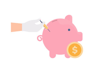 illustration of a hand trying to inject liquid into a piggy bank. the concept of injection of funds, capital, financial investment, loan money. flat style. UI design elements