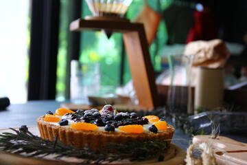 blueberry pie  with drip coffee equipment background
