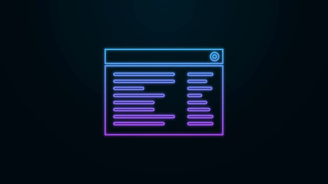 Glowing neon line Software, web developer programming code icon isolated on black background. Javascript computer script random parts of program code. 4K Video motion graphic animation