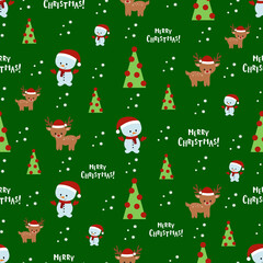 Merry Christmas seamless pattern. Vector illustration with cartoon deer, snowman and Christmas tree.