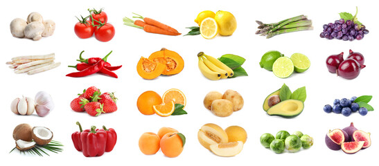 Assortment of organic fresh fruits and vegetables on white background. Banner design