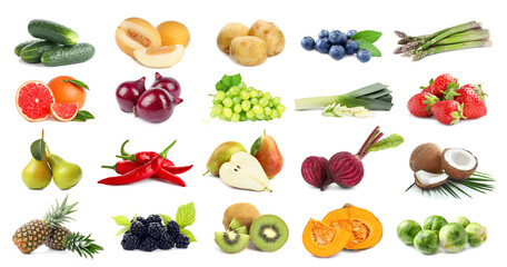 Assortment of organic fresh fruits and vegetables on white background. Banner design