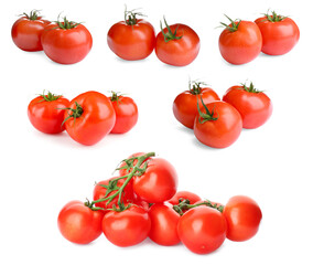 Set of ripe red tomatoes on white background