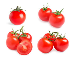 Set of ripe red tomatoes on white background