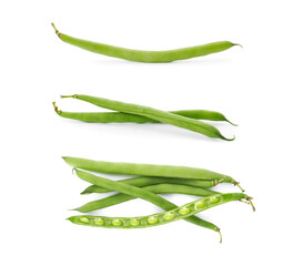Set of fresh green beans on white background