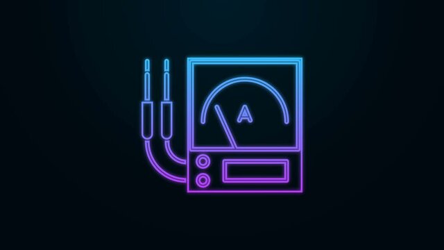Glowing neon line Ampere meter, multimeter, voltmeter icon isolated on black background. Instruments for measurement of electric current. 4K Video motion graphic animation