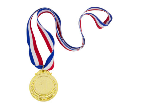 Gold medal with ribbon isolated on white with copy space