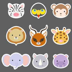 Set of cute funny animal heads stickers. African cartoon animal characters for baby print design, kids wear, baby shower, greeting and invitation card, wall decor. Flat vector stock illustration