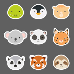 Set of cute funny animal heads stickers. Wild cartoon animal characters for baby print design, kids wear, baby shower, greeting and invitation card, wall decor. Flat vector stock illustration