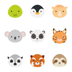 Cute funny animal heads. Wild cartoon animal characters for baby print design, kids wear, baby shower celebration, greeting and invitation card, wall decor. Flat vector stock illustration