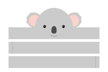 Printable koala paper hat. Party crown die cut template for birthday, christmas, baby shower. Fun accessory for entertainment. Paper crown mock up isolated on white background. Print, cut and glue.