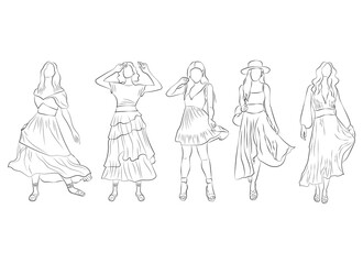 A group of young women. Abstract image of people. Line art. Sketch. People of different ethnic groups. Isolated vector illustration.