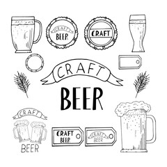 craft beer icons, labels, stickers, posters hand drawn vector doodle. sketch, Scandinavian, minimalism, monochrome. set of elements, collection. drink, menu, bar, brewing