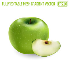 Whole green apple with a slice on white background.