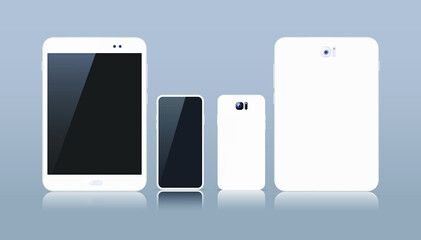 Realistic Electronic White Devices on Grey Background . Tablet and Smartphone with Empty Screen . Isolated Vector Elements