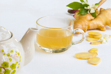 herbal healthy drinks hot ginger water for health care local flora of asia arrangement flat lay style on background white 