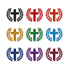 Laurel wreath icon with a christian cross, color set