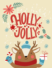Fototapeta na wymiar Holly Jolly. Deer in a hat with a gift. Great lettering for greeting cards, stickers, banners, prints and home interior decor. Xmas card. Merry Christmas 2021.