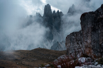 Evening view of Drei Zinnen or Tre Cime di Lavaredo