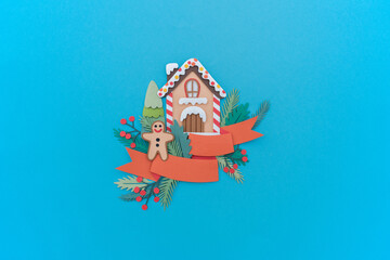 Paper art Christmas concept. Gingerbread house paper. Craft diy holiday.