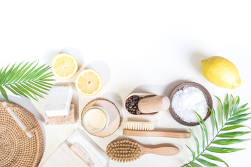 Eco friendly cosmetics. Body care. Home recipe from nature. White background.