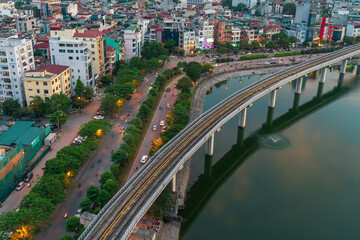 Hanoi cityscape during sunset period. Skyline view of Hanoi at Hoang Cau street