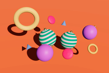 Composition with christmas balls and other shapes, flying, on an orange background. 3D Illustration.