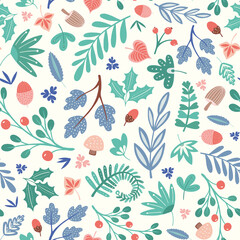 Woodland autumn and winter foliage pattern design. Cute vector seamless repeat of forest leaves, acorns, mushrooms, and berries. 